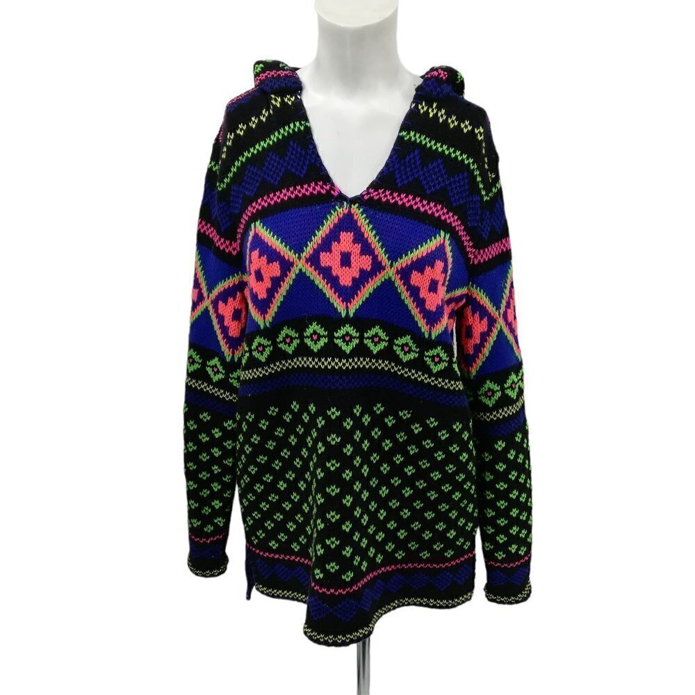 Lauren Ralph Lauren Active Neon Boho Southwest Hood Pullover Sweater Size M Wool
